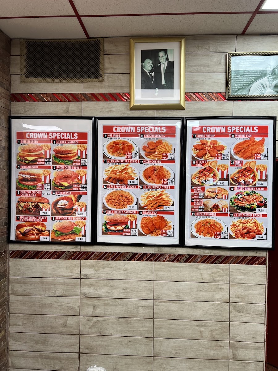 Crown Fried Chicken menu board