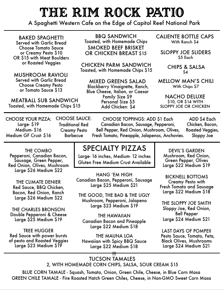 Rim Rock Patio menu board