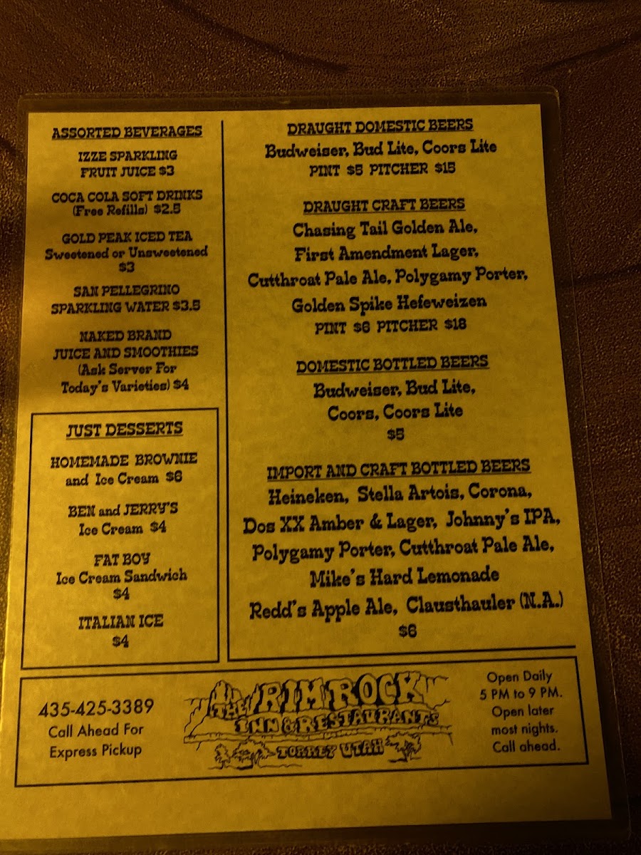 Rim Rock Patio menu board