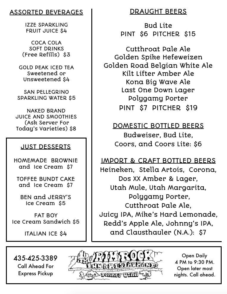 Rim Rock Patio menu board