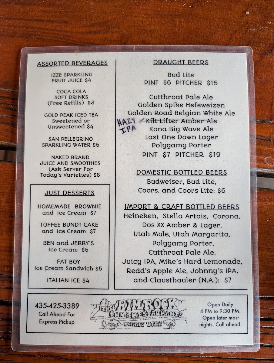 Rim Rock Patio menu board