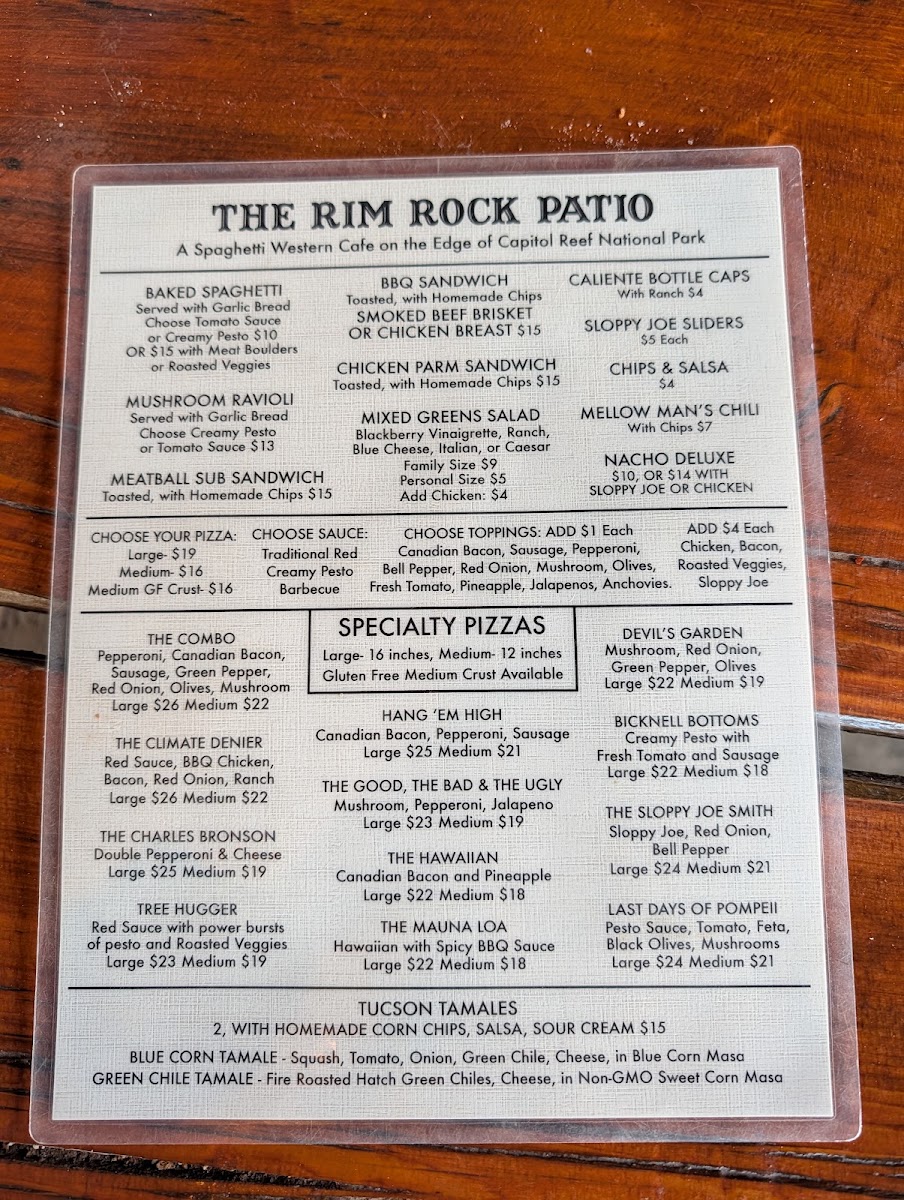 Rim Rock Patio menu board