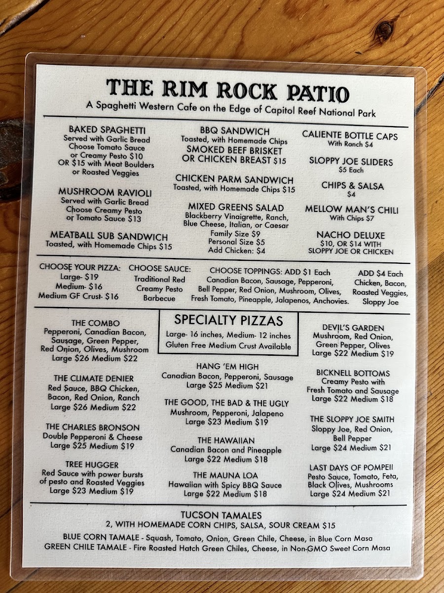 Rim Rock Patio menu board