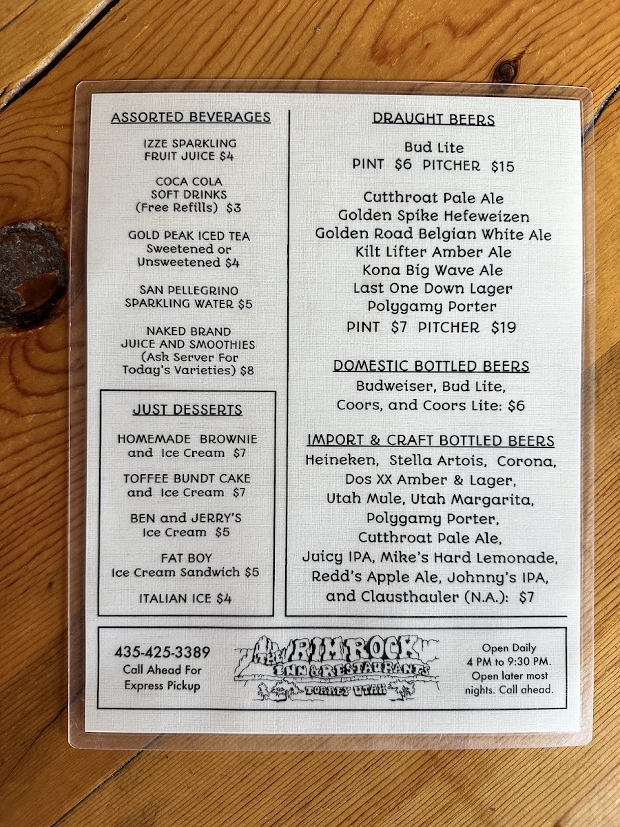 Rim Rock Patio menu board