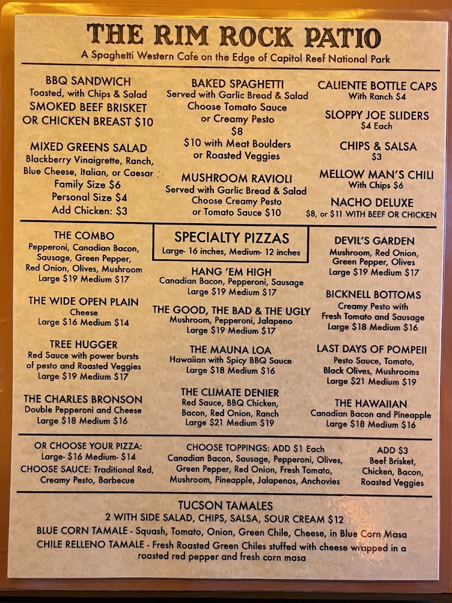 Rim Rock Patio menu board