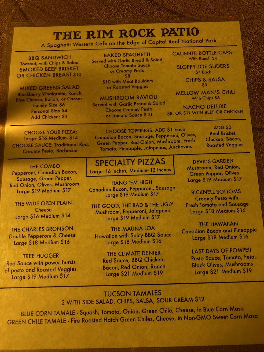 Rim Rock Patio menu board