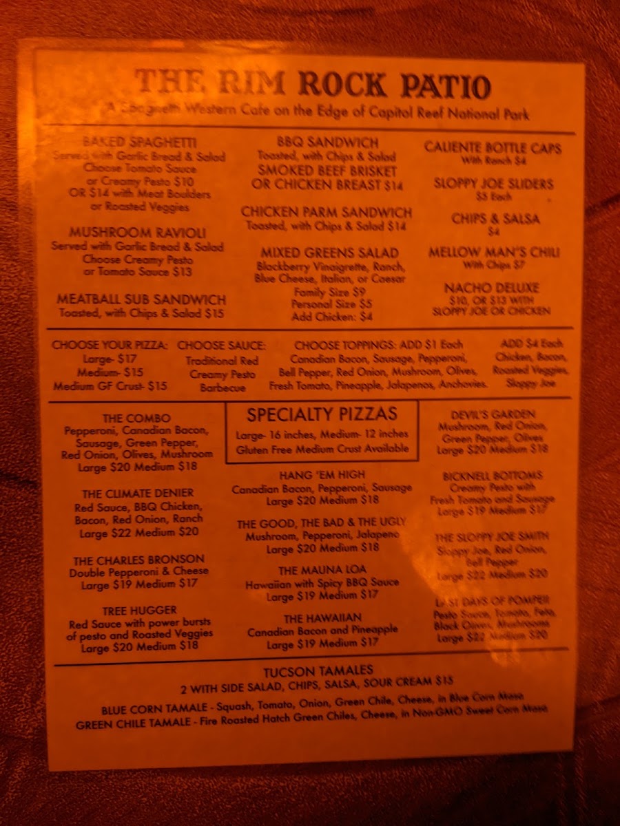 Rim Rock Patio menu board