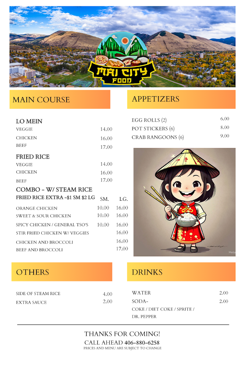 Mai City Food Truck menu board