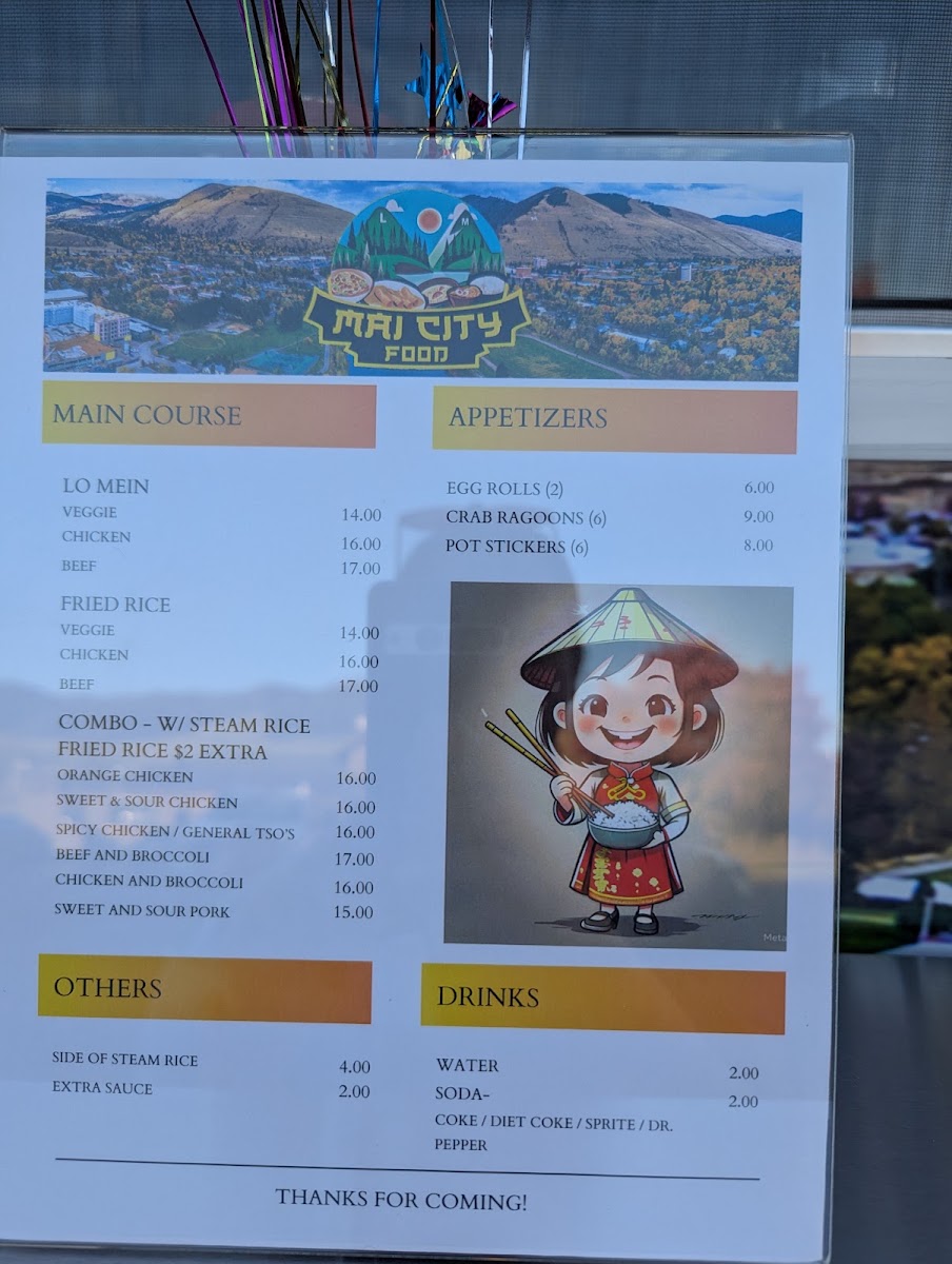 Mai City Food Truck menu board