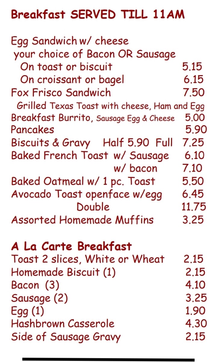 Silver FOX Cafe menu board