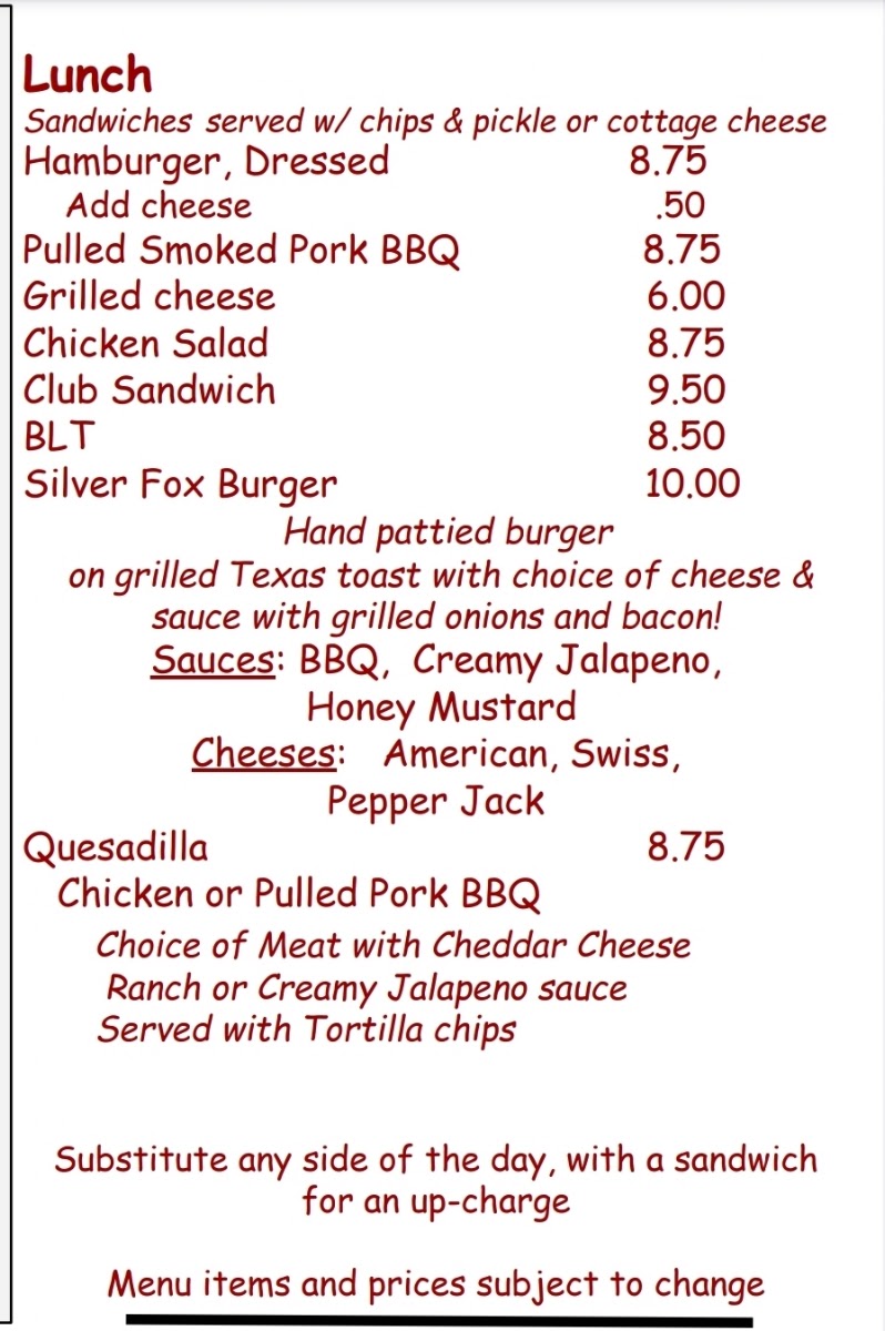 Silver FOX Cafe menu board