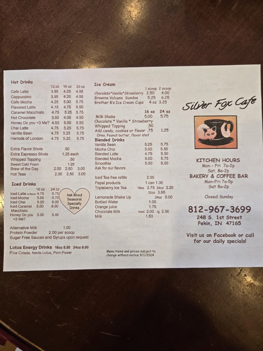 Silver FOX Cafe menu board