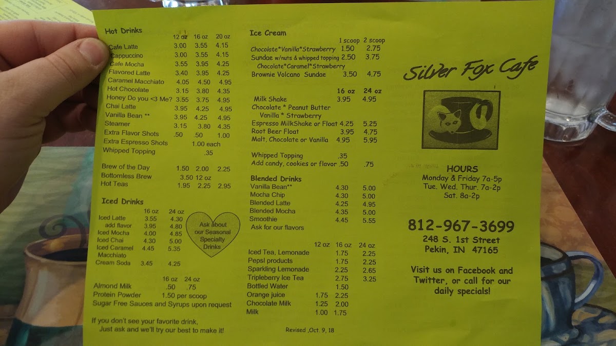 Silver FOX Cafe menu board