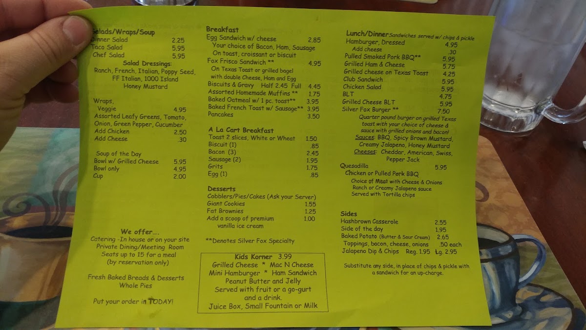 Silver FOX Cafe menu board
