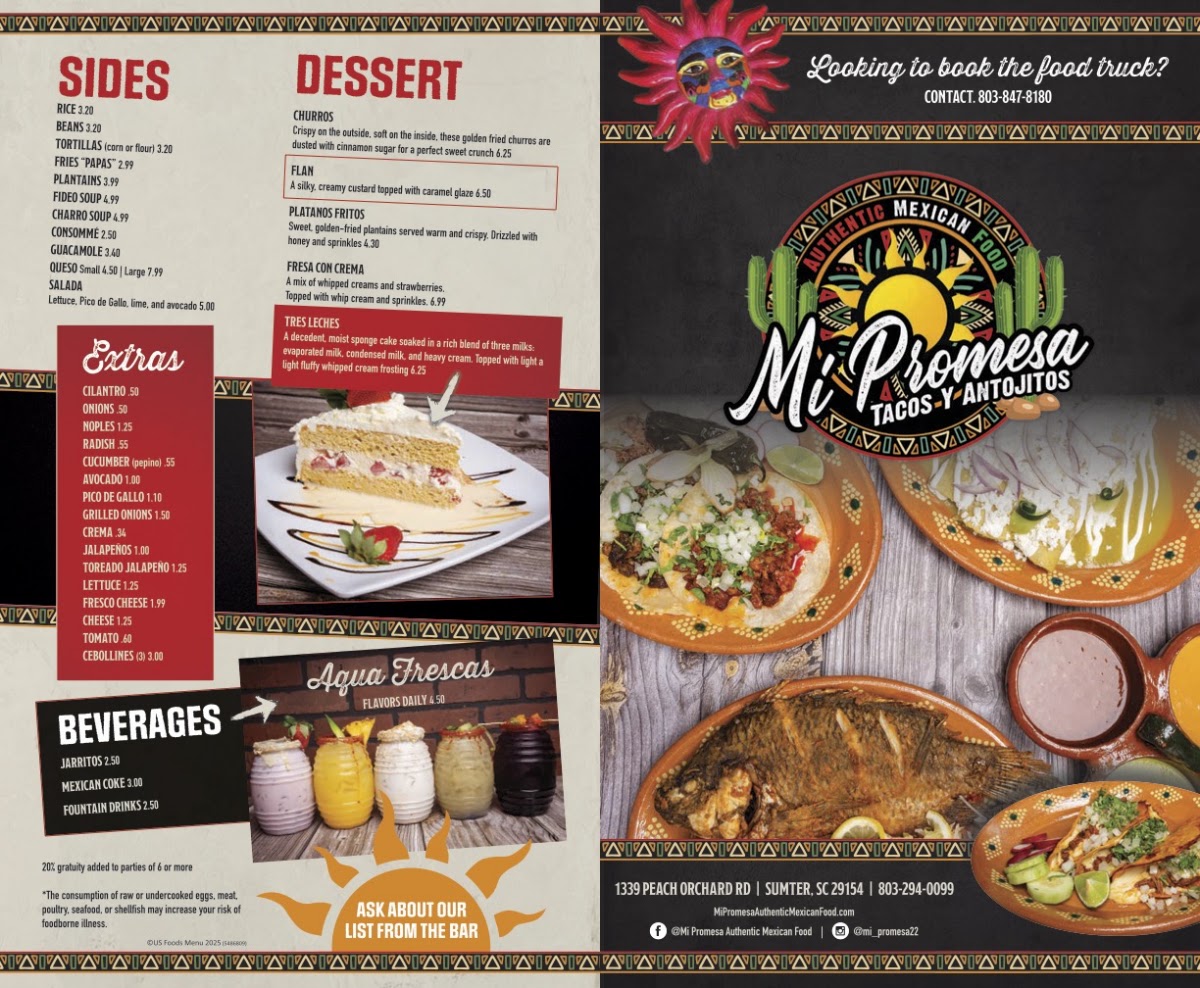 Mi Promesa Authentic Mexican Food menu board