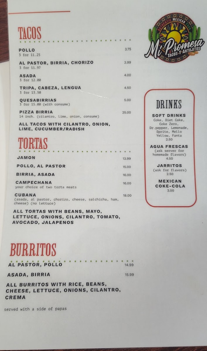 Mi Promesa Authentic Mexican Food menu board