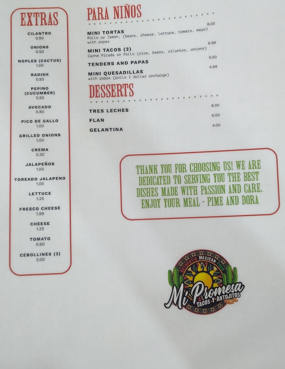 Mi Promesa Authentic Mexican Food menu board