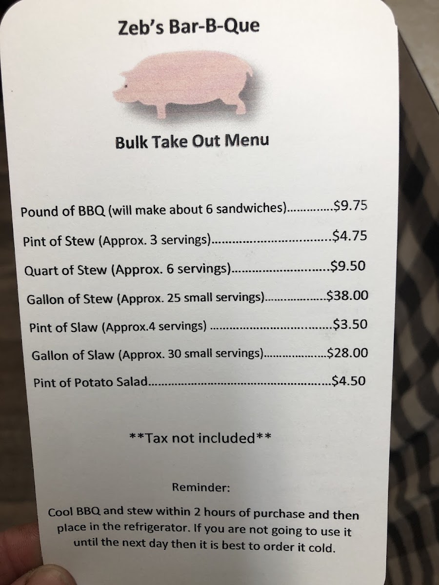 Zeb's Bar-B-Q menu board