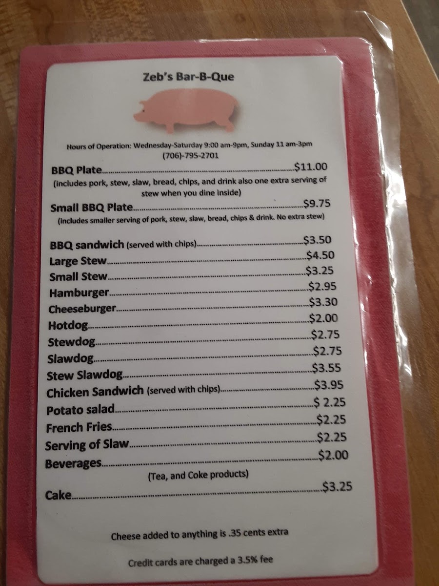 Zeb's Bar-B-Q menu board