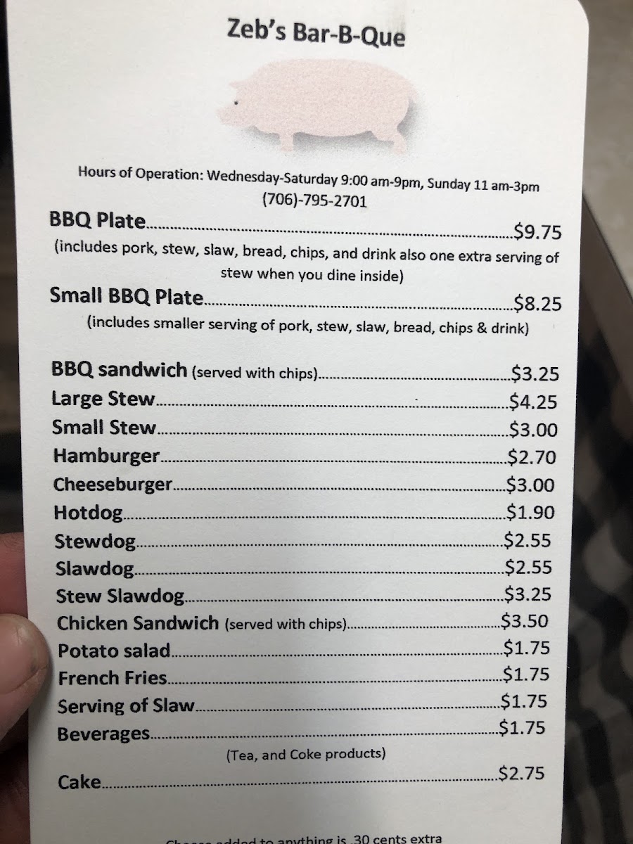 Zeb's Bar-B-Q menu board