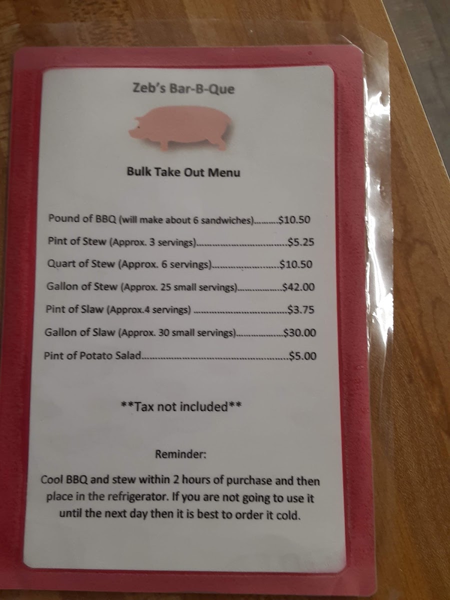 Zeb's Bar-B-Q menu board