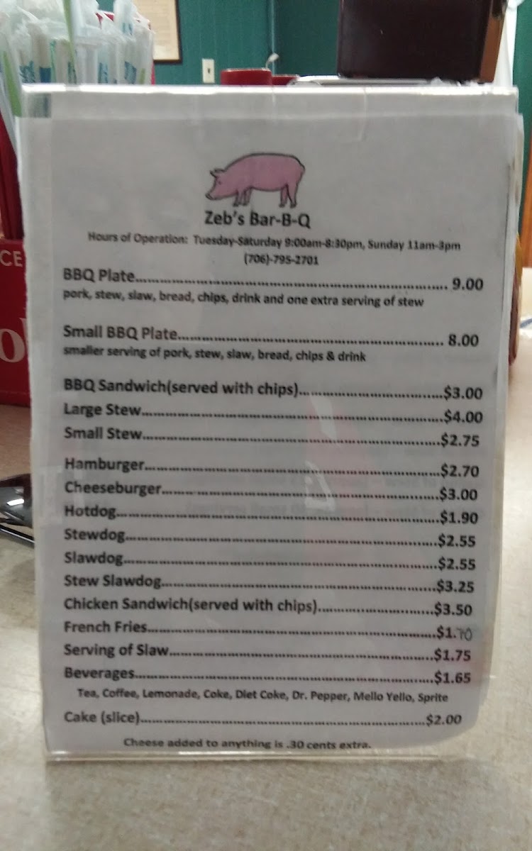 Zeb's Bar-B-Q menu board