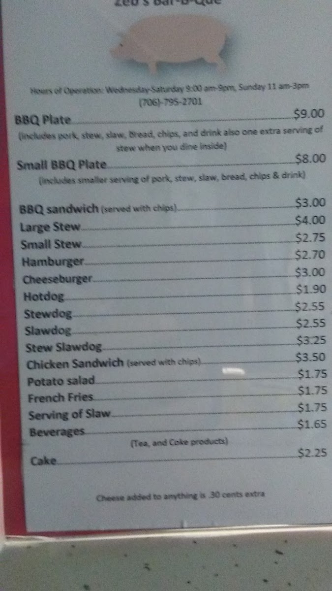 Zeb's Bar-B-Q menu board