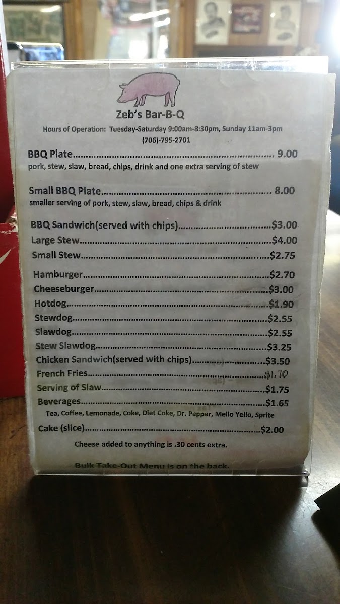Zeb's Bar-B-Q menu board