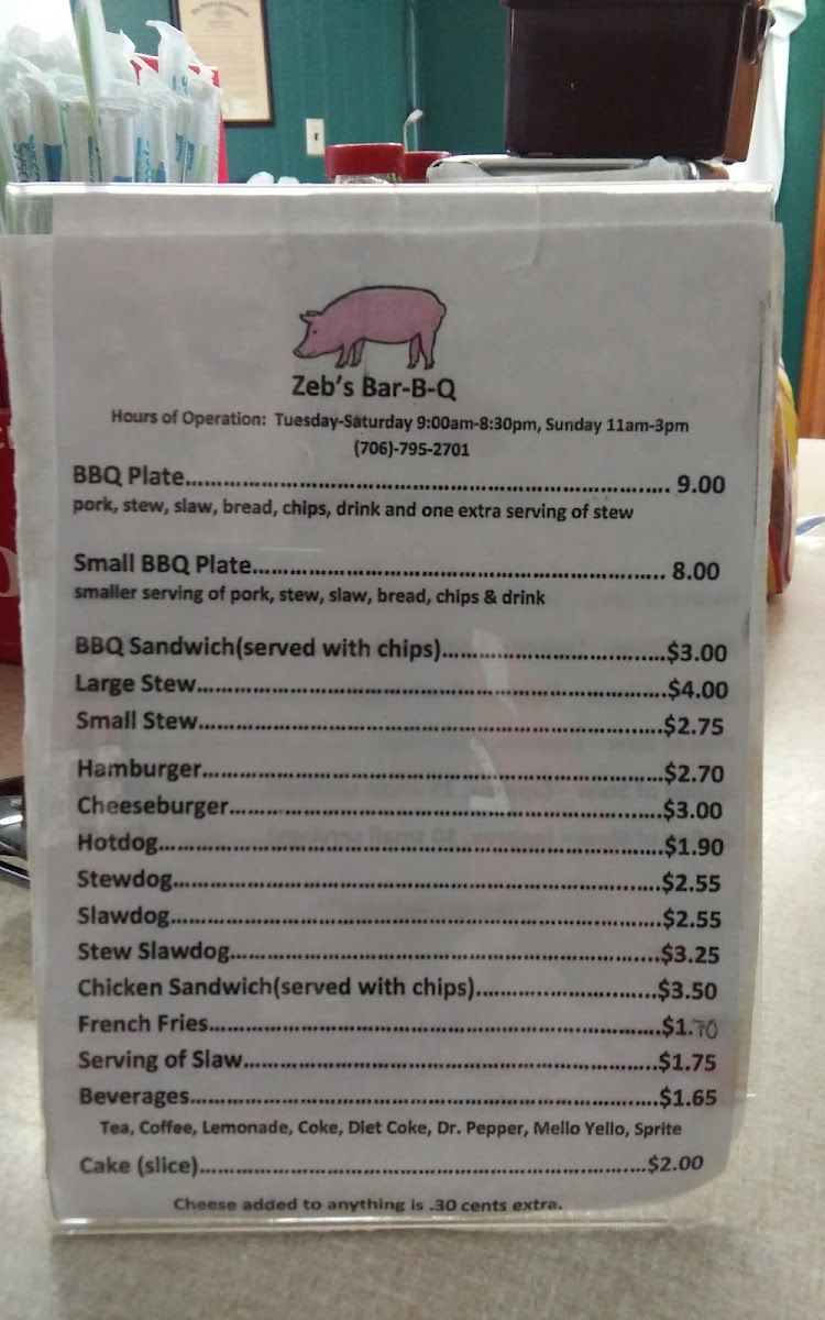 Zeb's Bar-B-Q menu board