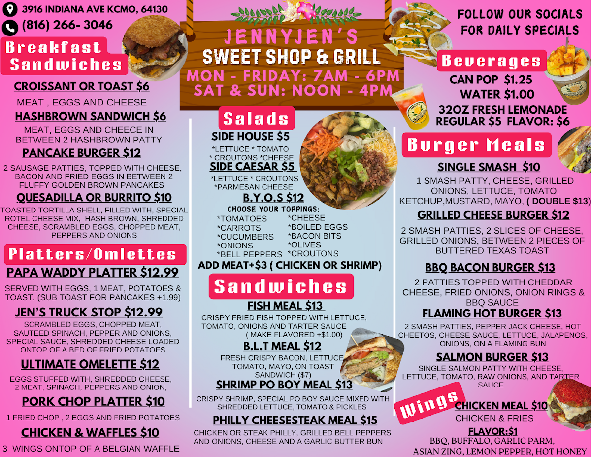 JennyJen's Sweet Shop & Grill menu board