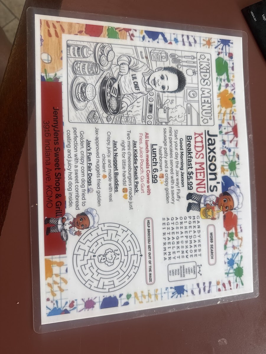 JennyJen's Sweet Shop & Grill menu board