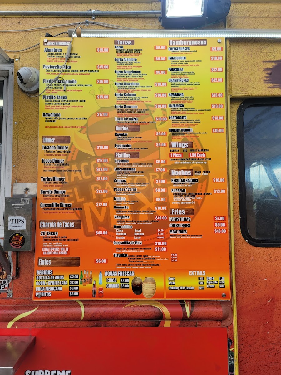Tacos El Pastorcito Mixe menu board