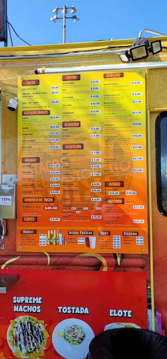 Tacos El Pastorcito Mixe menu board