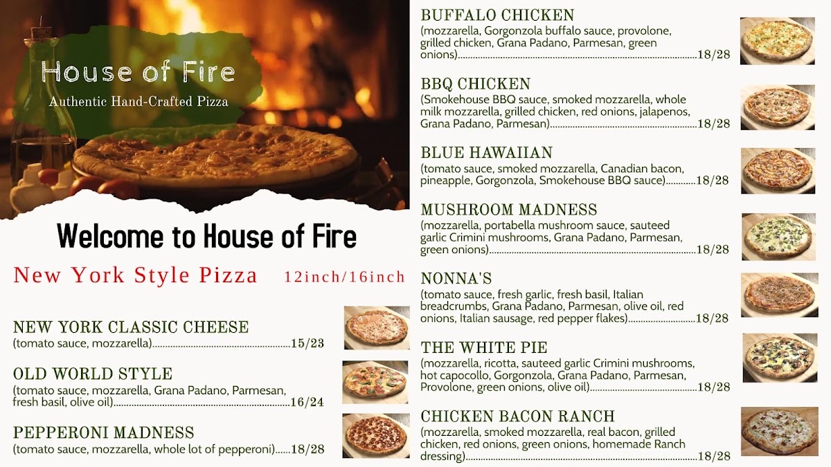 House of Fire Pizza - Badger Road menu board