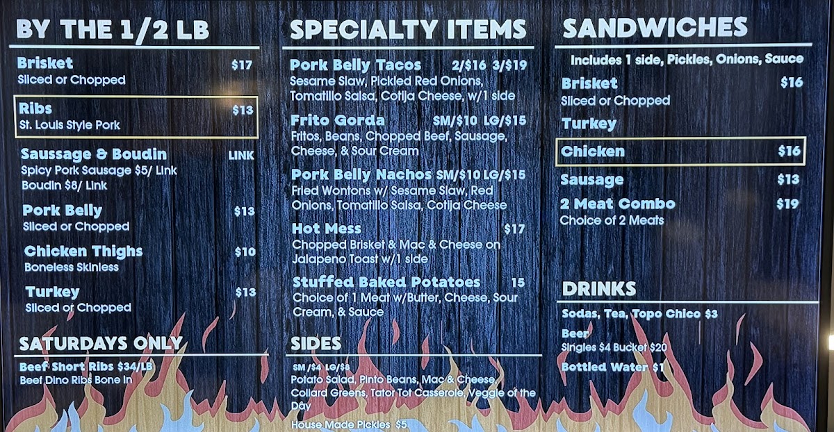 Coastal Que BBQ & More menu board