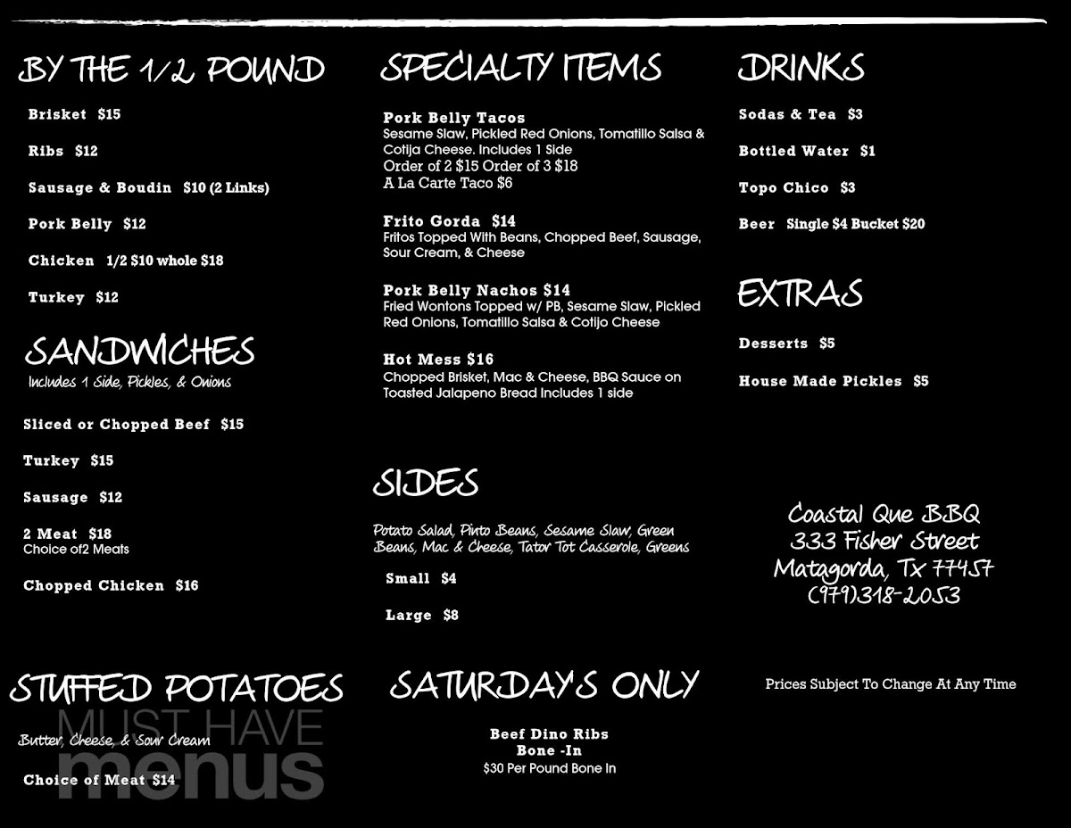 Coastal Que BBQ & More menu board