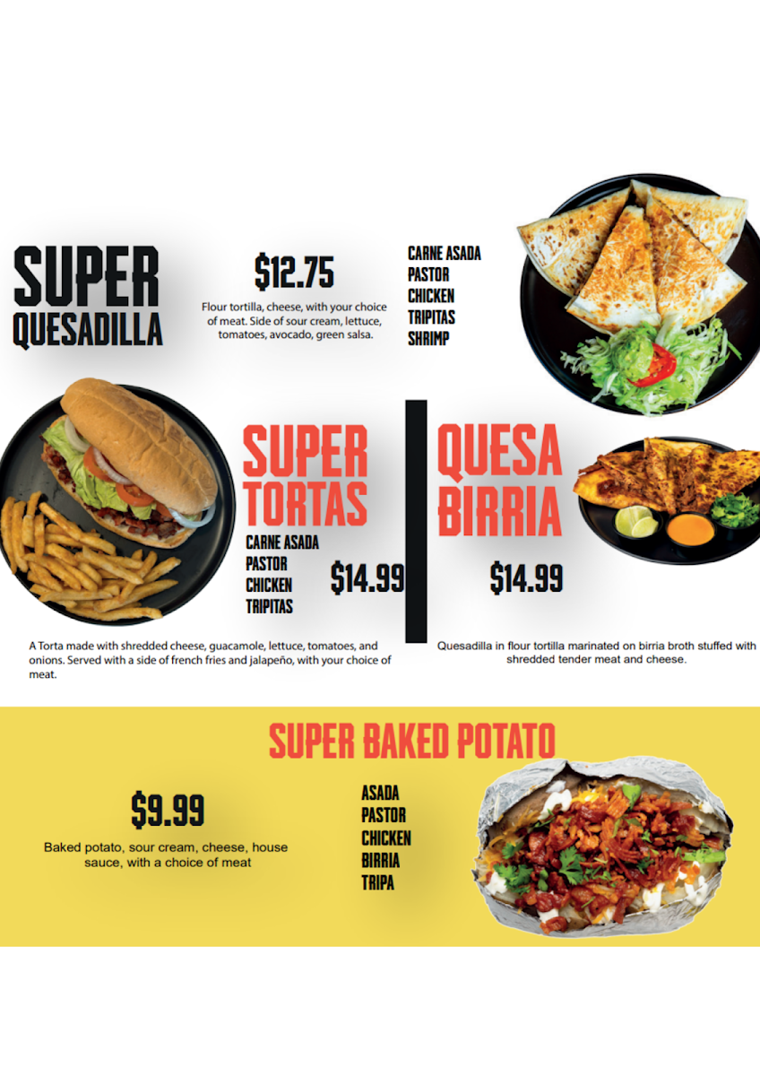 Super Pollo Mexican Grill Andrews menu board