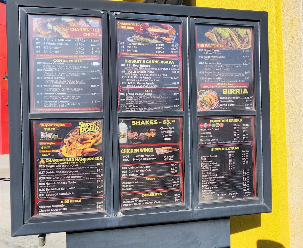 Super Pollo Mexican Grill Andrews menu board