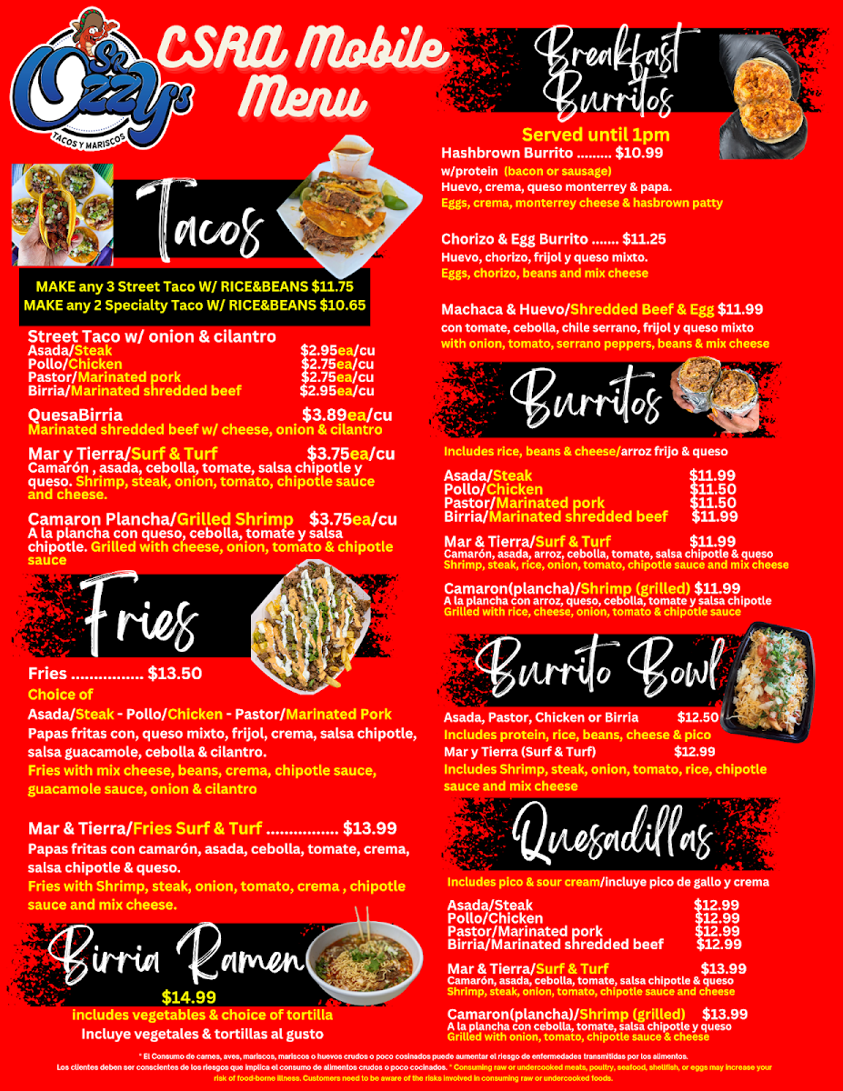 Sr. Ozzy's Tacos y Mariscos Mobile CSRA menu board
