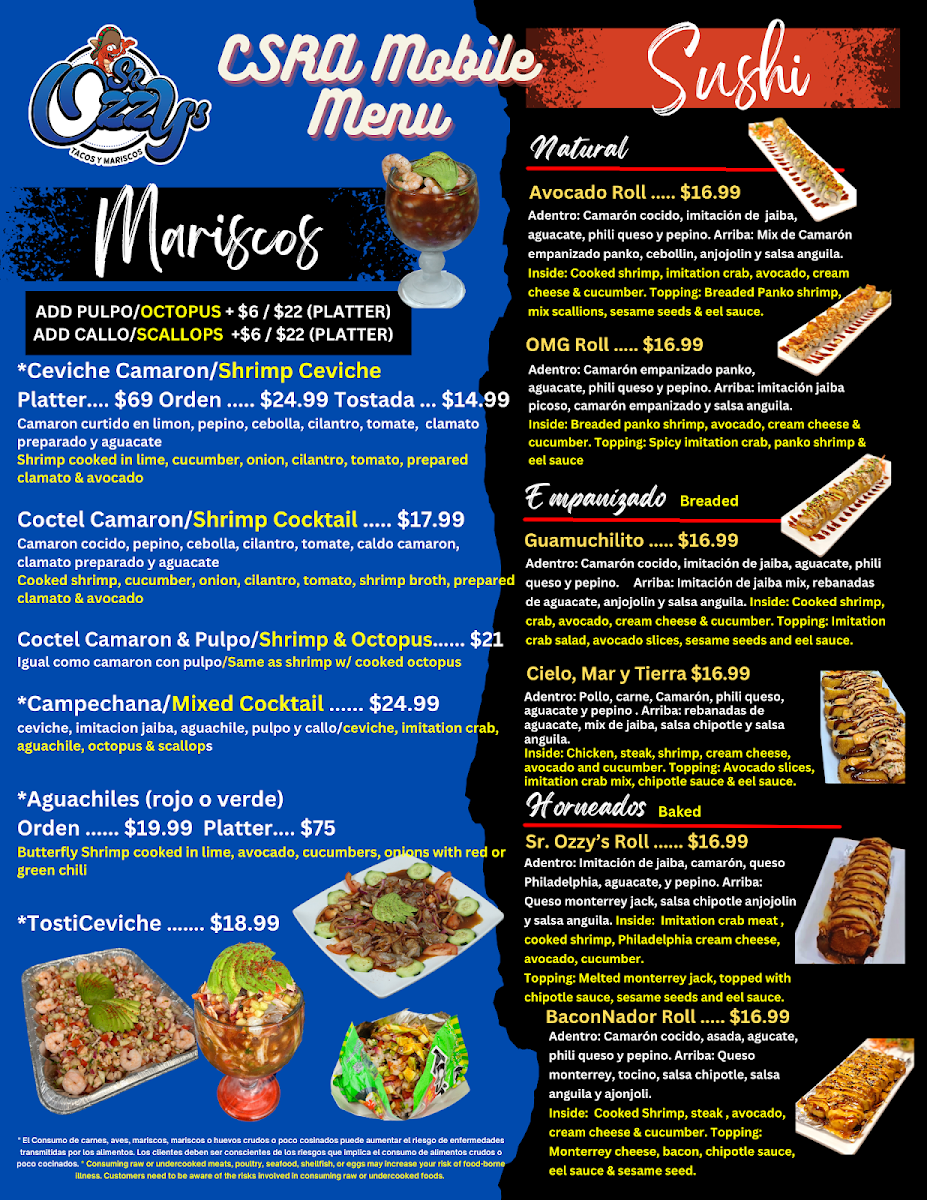 Sr. Ozzy's Tacos y Mariscos Mobile CSRA menu board