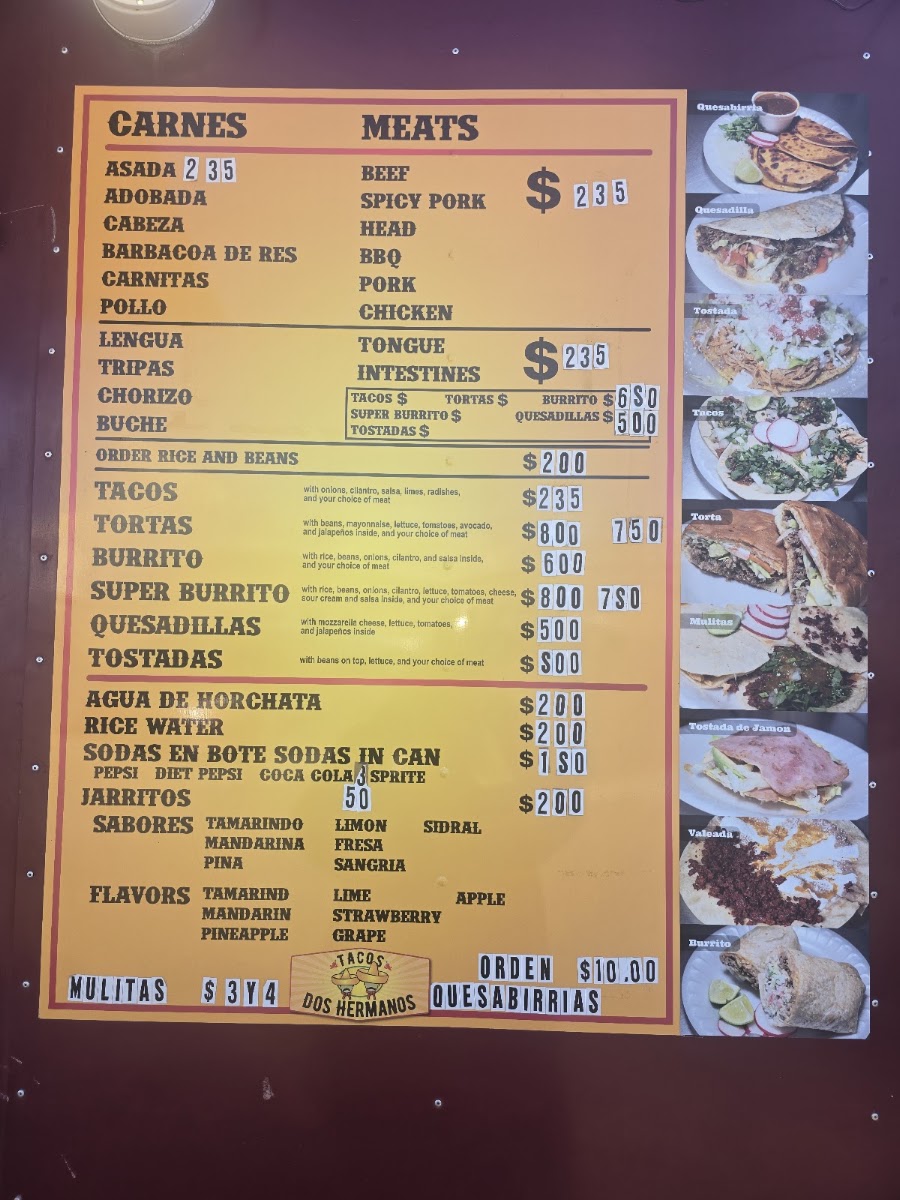 Tacos dos Hermanos menu board