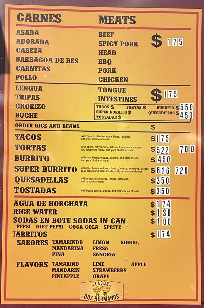 Tacos dos Hermanos menu board