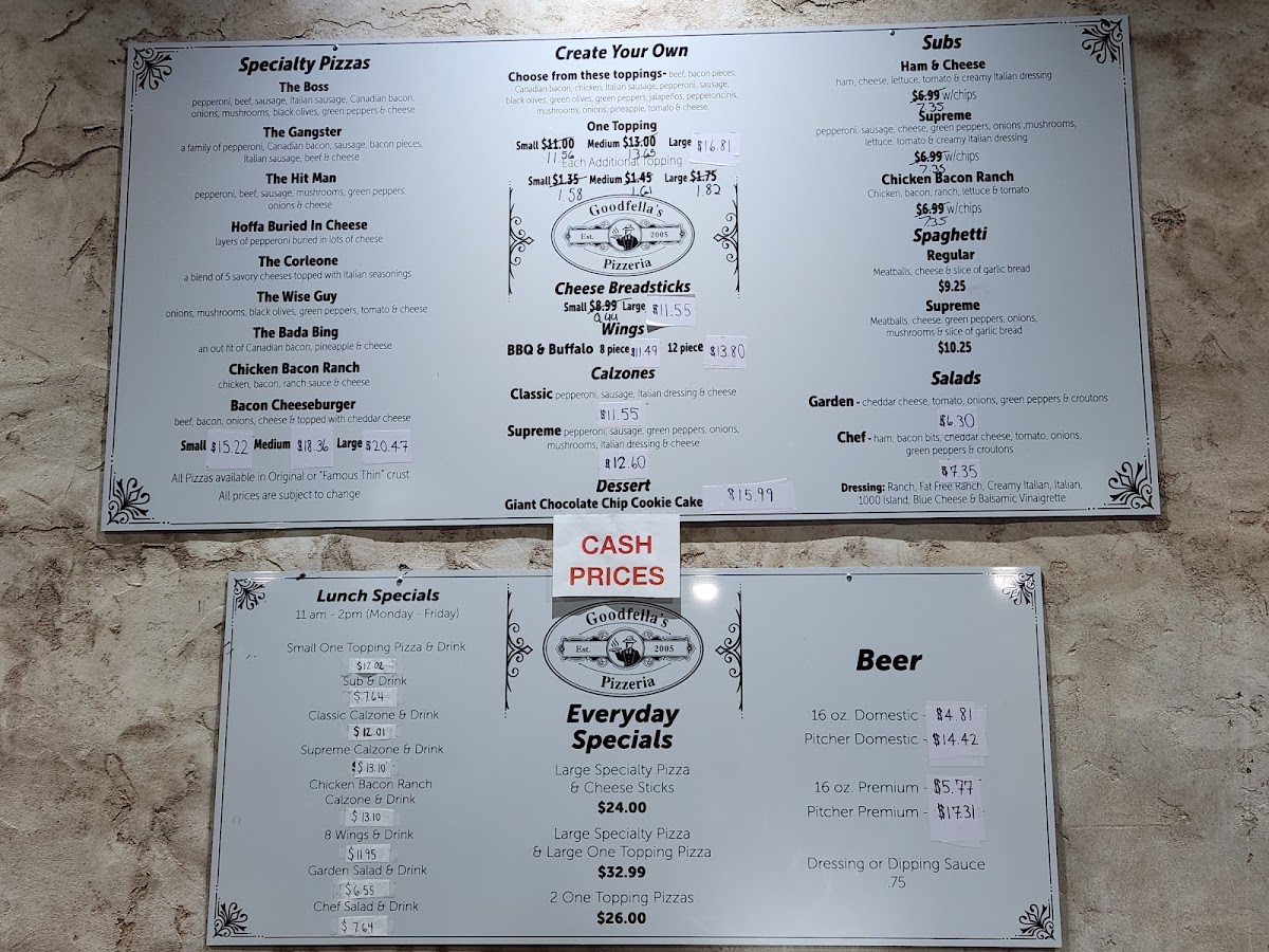 Goodfella's Pizzeria menu board