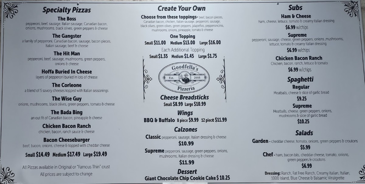 Goodfella's Pizzeria menu board