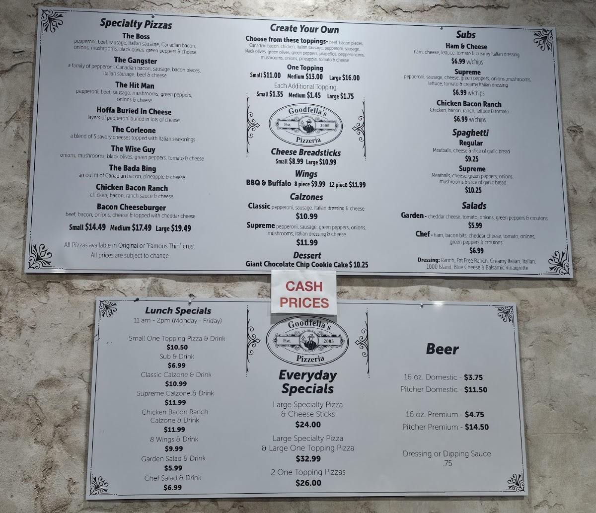 Goodfella's Pizzeria menu board