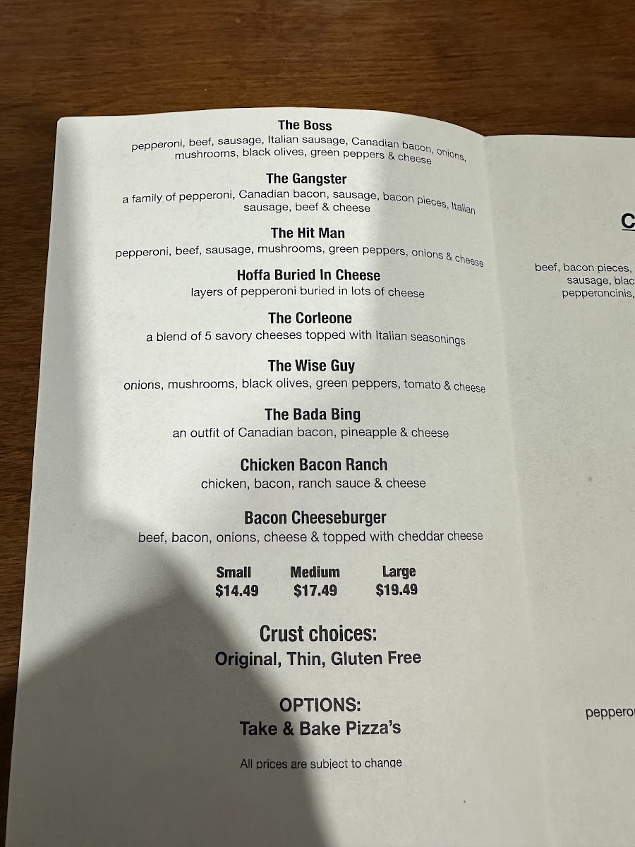Goodfella's Pizzeria menu board