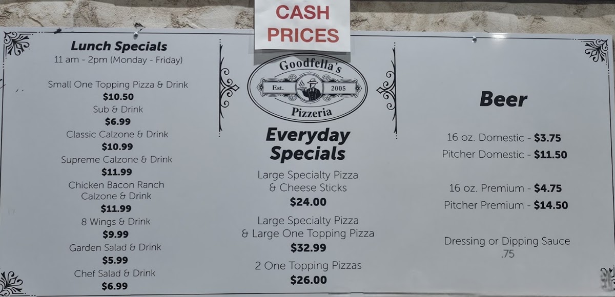 Goodfella's Pizzeria menu board