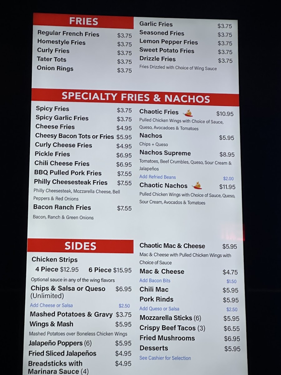 Chaotic Wings menu board