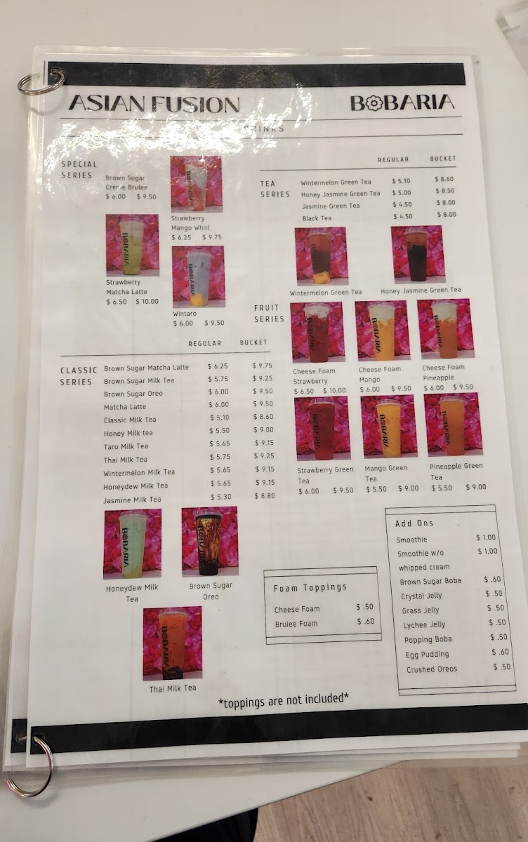 Asian Fusion & Bobaria menu board