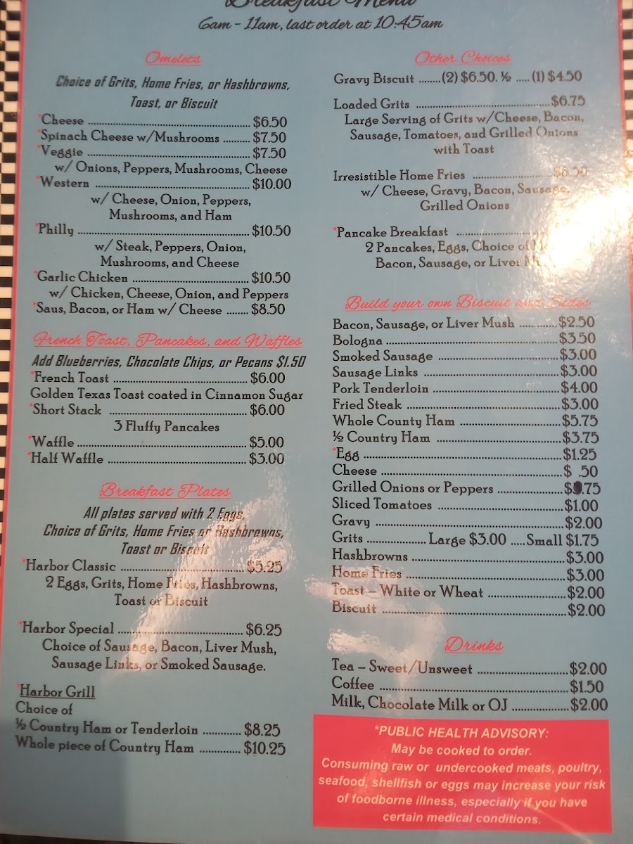 The Harbor Cafe menu board